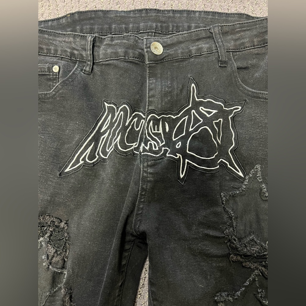 Black Rockstar Distressed Baggy Denim Men’s Jeans with Star Patches Size 40 - Picture 2 of 16